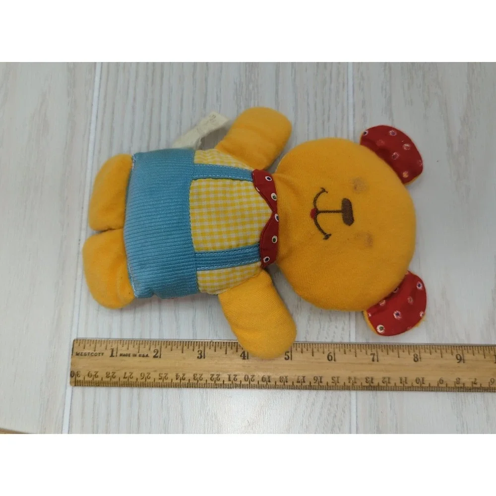 Knickerbocker yellow checked teddy bear vintage‎ plush rattle red blue overalls